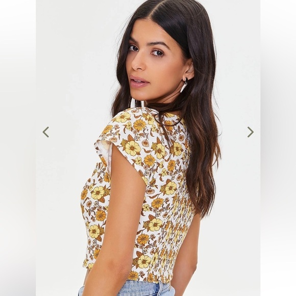 Forever 21 Yellow White Retro Floral Linen Blend Zip Crop Top- Size Large - Picture 3 of 16